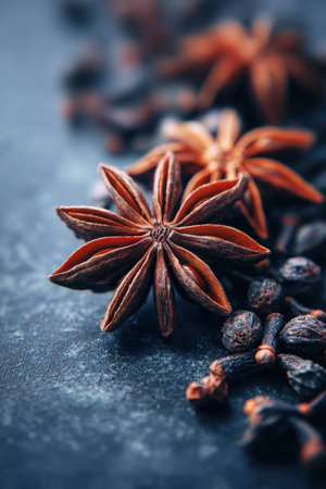Close-up of Star Anise and Cloves on Matte Navy Backgroundの素材