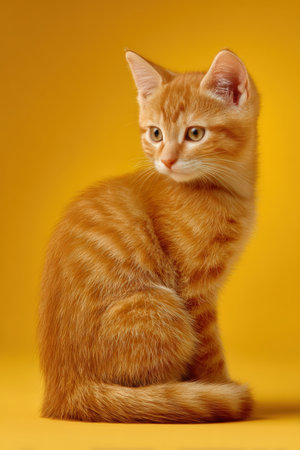 Ginger Kitten Sitting on Yellow Background with Space for Brandingの素材
