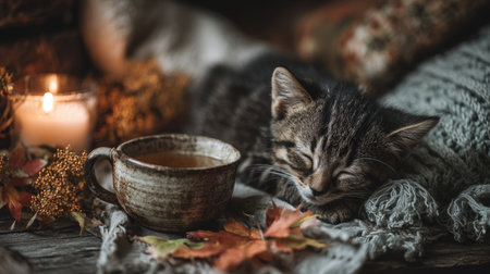 Cozy Autumn Scene with Sleeping Kitten and Herbal Tea by Candlelightの素材