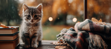 Kitten by Books and Plaid Scarf with Autumn View Through Windowの素材
