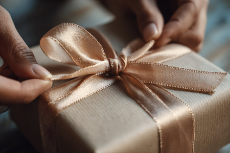 Close-Up of Hands Tying Satin Ribbon on Gift in Warm Daylightの素材