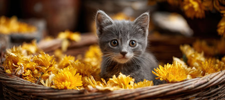 Gray Kitten in Wicker Basket with Golden Chrysanthemums Indoorsの素材