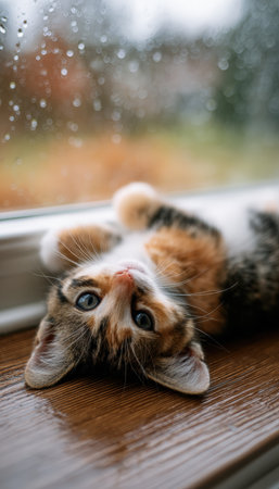 Adorable Kitten Relaxing by Rainy Window with Soft Focus Backgroundの素材