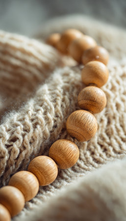 Cozy Craft Aesthetic: Wood Bead Garland on Knit Fabric, Vertical Macroの素材