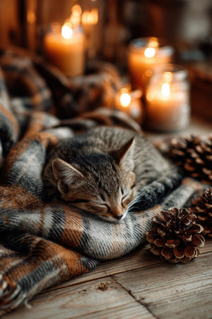 Cozy Kitten on Plaid Throw with Candles and Pinecones in Autumn Settingの素材