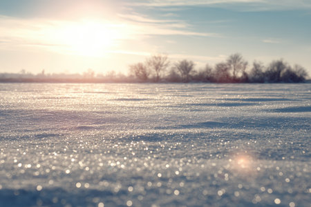 Serene Snowy Field with Glittering Sunlight and Distant Treesの素材