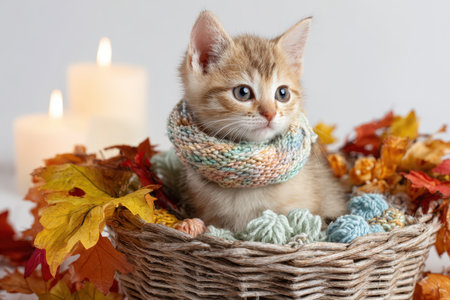 Adorable Kitten in Scarf Sitting in Basket with Autumn Leaves and Candlesの素材