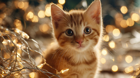 Curious Ginger Kitten Under Warm Fairy Lights with Blurred Backgroundの素材