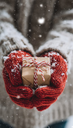 Hands in Red Mittens Holding Gift in Snowy Winter Sceneの素材