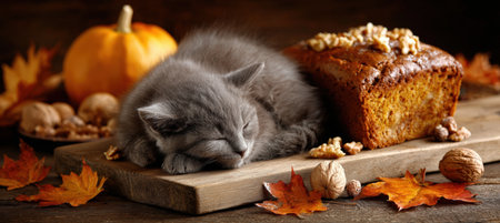 Gray Kitten Sleeping Beside Pumpkin Bread with Walnuts and Maple Leavesの素材