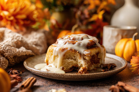 Close-up of Warm Cinnamon Roll with Icing and Autumn Decorの素材