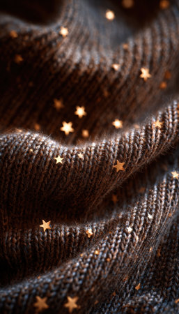 Macro View of Knit Scarf Fibers with Glitter Stars in Warm Tonesの素材