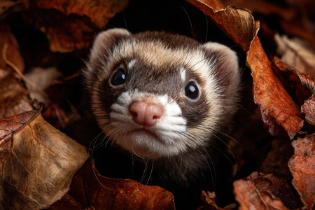 Playful Ferret Peeking Out from Autumn Leavesの素材