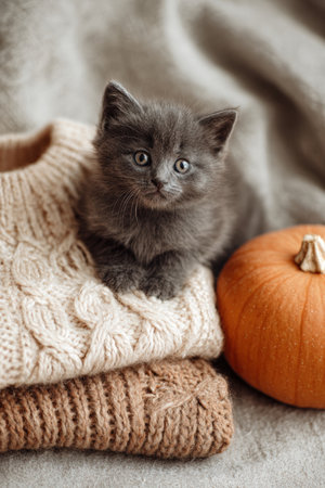 Adorable Gray Kitten with Knitted Sweater and Pumpkin on Neutral Backgroundの素材