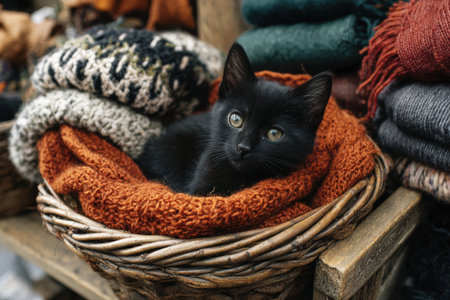 Black Kitten in Basket of Knitted Scarves at Rustic Autumn Marketの素材