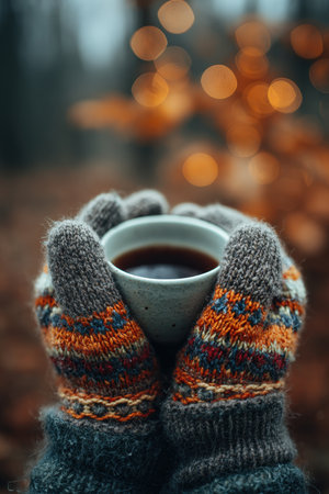 Cozy Close-Up of Knitted Gloves Holding a Warm Beverage Outdoorsの素材