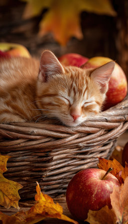Ginger Kitten Sleeping in Basket of Apples with Autumn Leavesの素材