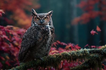 Majestic Owl Perched on Mossy Branch with Vibrant Autumn Foliageの素材