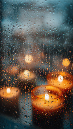 Close-up of Misted Window with Blurred Candlelight for Cozy Holiday Backgroundsの素材