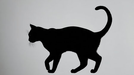 A striking silhouette of a black cat with an arched back, set against a plain light gray background. The sharp, graphic design is ideal for Halloween iconography and themes.の素材