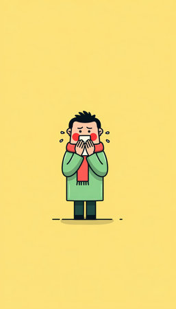 Cartoon-style illustration of a sick character with red cheeks and watery eyes, coughing into a tissue. The character is set against a solid pastel yellow background, depicting cold symptoms.の素材