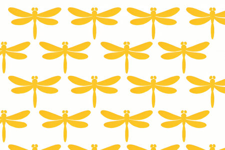 A seamless pattern featuring yellow dragonflies on a white background. This simple and elegant design is perfect for textiles, wallpapers, and creative projects.の素材