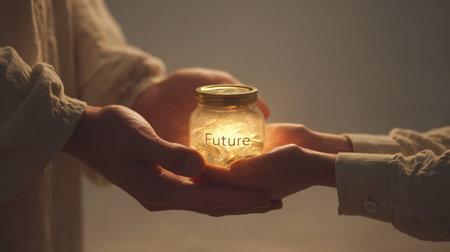 A photorealistic image of adult and child hands holding a glowing coin over a jar labeled "Future," symbolizing shared savings goals and financial planning for the future.の素材