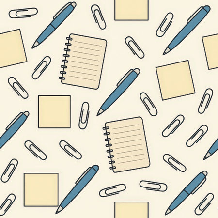 A seamless pattern featuring office supplies including pens, notepads, paper clips, and sticky notes on a light background. Ideal for stationery design and office-themed projects.の素材