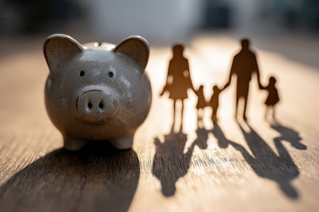 Photorealistic image of a piggy bank casting a house-shaped shadow. A family in the background adds coins, symbolizing long-term savings and financial planning.の素材