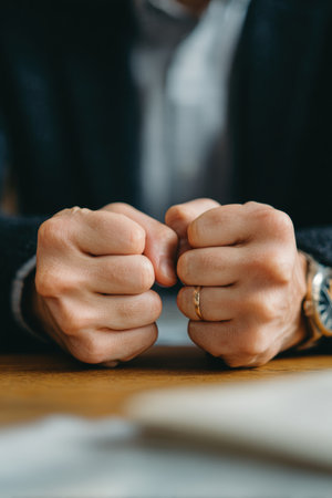 A close-up image of hands clenched into fists on a desk, symbolizing a subtle celebration of a portfolio reaching a record high. Focus on body language and emotion.の素材