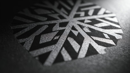 A matte graphite poster featuring an embossed snowflake lattice, highlighted by grazing side light. The design showcases restrained film grain and luxurious minimal negative space.の素材