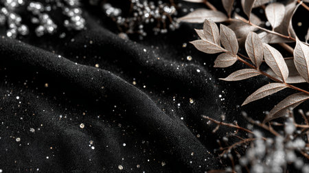 A sophisticated black velvet surface adorned with a silver tinsel arc and delicate sparkles, perfect for seasonal overlays and elegant design compositions.の素材