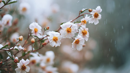 A serene image of snow-dusted flowers with a soft bokeh background. The gentle snowfall and fine grain create a calming atmosphere, perfect for headline-ready designs.の素材