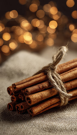 Vertical macro shot of cinnamon sticks tied with twine on linen fabric. Warm fairy light bokeh creates a cozy, craft aesthetic, perfect for storytelling and seasonal themes.の素材