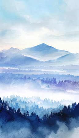Serene watercolor painting of a frosted mountain skyline at dawn. Features a pale gradient sky and misty forest, creating a calm winter mood with ample space for text.の素材