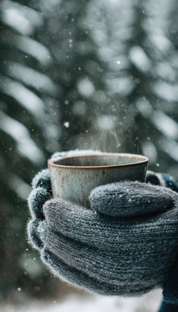 Hands in gray knit mittens hold a steaming ceramic mug, set against blurred, snow-laden pine trees. The shallow depth of field creates a cozy winter atmosphere, ideal for app splashes.の素材