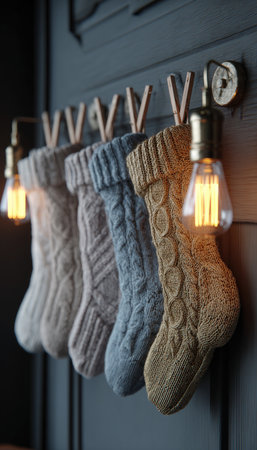 Photorealistic image of knit stockings hanging on pegs, illuminated by a soft lamp glow. The scene exudes a cozy, warm ambiance with a subtle vignette effect.の素材