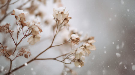 A serene image of dried flowers dusted with snowflakes, set against a softly blurred background. The gentle snowfall and subtle film grain create a tranquil, editorial-grade scene.の素材