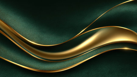 Luxurious holiday poster background featuring a flowing metallic gold ribbon over a deep evergreen velvet texture. Soft rim lighting adds elegance, with ample space for a headline.の素材