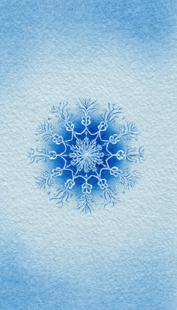 A delicate snowflake medallion painted in icy blues is centered on textured paper. The vertical design features clean margins, ideal for mobile UI backgrounds or winter-themed projects.の素材
