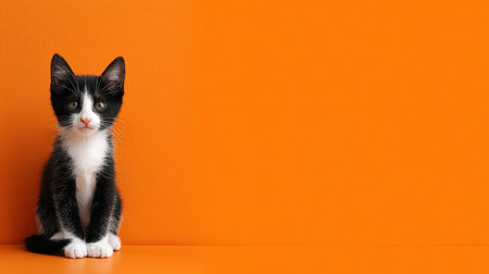 A black-and-white kitten sits in the bottom left corner against a bright orange background. The composition is vibrant and bold, with ample space for text on the right side.の素材