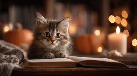 A fluffy kitten peeks over an open book on a cozy desk, surrounded by warm candlelight and soft-focus pumpkins, creating a charming and inviting autumn atmosphere.の素材