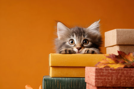 Adorable fluffy kitten peeks over a stack of gift boxes wrapped in autumn colors. Set against a solid orange backdrop, the image offers ample copy space for seasonal themes.の素材
