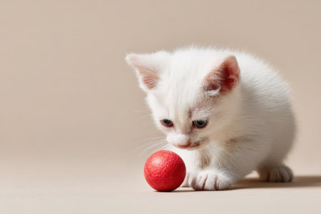 A cute white kitten plays with a small red ball on a clean beige background. The soft shadow adds depth, making it ideal for e-commerce banners and pet-related promotions.の素材
