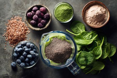 A top-down shot showcasing smoothie ingredients: fresh spinach, protein powder, berries, flax seeds, and a blender cup. Perfect for recipe content and healthy eating inspiration.の素材