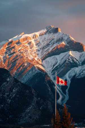 A Canadian flag waves majestically over a mountain valley, with the sunset casting a warm glow on the snowy peaks, creating a scene of cinematic beauty and balance.の素材