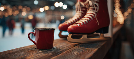 Red ice skates rest on a wooden bench beside a steaming cocoa mug, with blurred rink lights in the background, creating a cozy and warm lifestyle composition.の素材