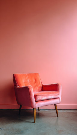 A minimalist editorial shot featuring a vintage velvet armchair with wooden legs, set against a coral pink wall and concrete floor, highlighting retro interior design elements.の素材