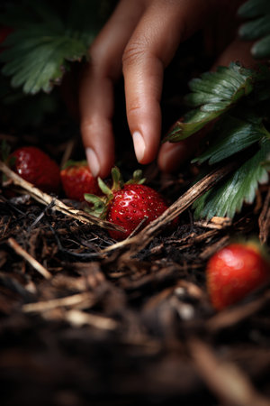 Close-up image of fingers brushing aside leaves to uncover ripe strawberries on dark mulch. The bright red fruit contrasts vividly with the surrounding natural elements.の素材
