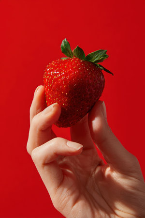 A single hand holds a freshly picked strawberry against a vivid red background. The image features high contrast and clarity, ideal for promotional and marketing purposes.の素材